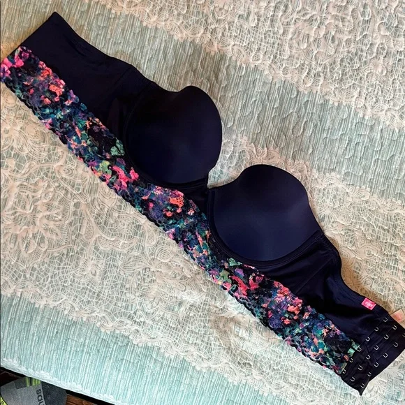 Pink by Victoria’s Secret-  Longline Bra strapless Bra Navy/Multicolor - Picture 3 of 7
